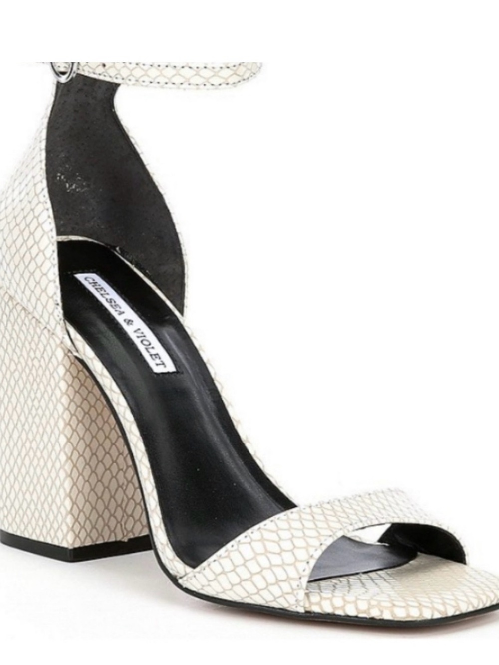 Chelsea & Violet Cream Snakeskin Block Heel Sandals